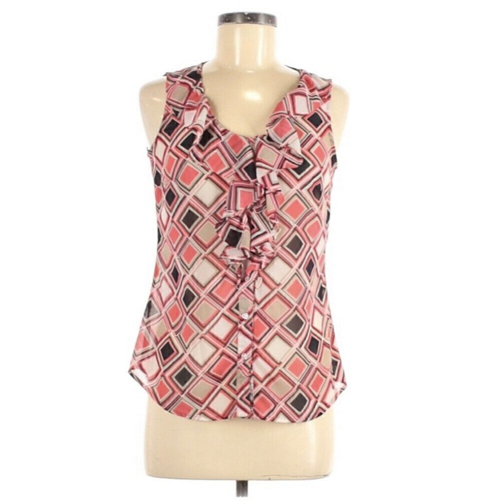 Banana Republic Coral Pink Black Geo Ruffle Tank